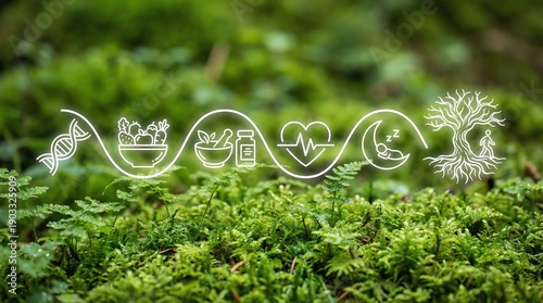 Holistic healthy lifestyle line illustration – DNA, nutrition, herbal medicine, sleep and nature