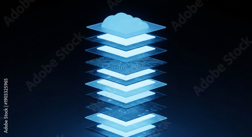 Cloud computing concept with glowing blue layers and circuit boards