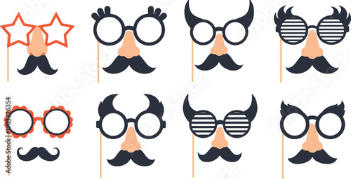 Funny Party Glasses and Mustache Props Collection Flat Vector Illustration Set Isolated on White Background