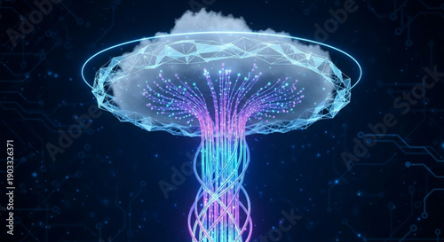 Vibrant cloud computing network with glowing data streams and futuristic connections