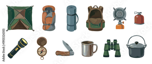 Colorful illustrated collection of camping equipment including a tent, backpack, compass, and sleeping bag for outdoor adventure and survival, shown in a detailed flat cartoon style