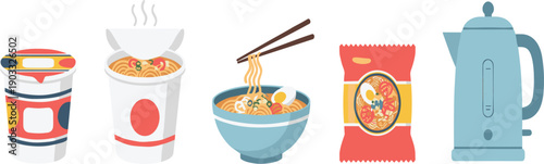Instant Noodles Cup Bowl Pack and Electric Kettle Flat Vector Illustration Set Isolated on White Background