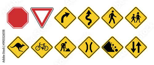 Collection of various road traffic signs including stop, yield, and warning symbols for driver safety and highway regulation, shown as a clean vector graphic illustration set