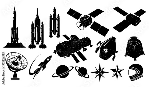 Rocket and satellite silhouette vector set for space technology