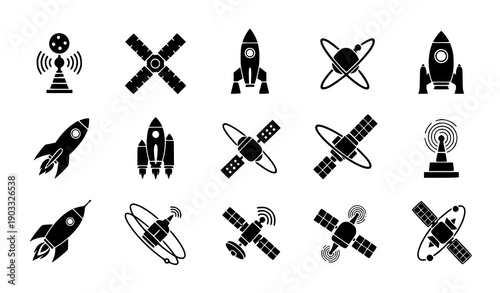 Futuristic rocket satellite spacecraft vector icons set