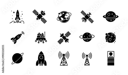 Space exploration rocket and satellite icon vector set