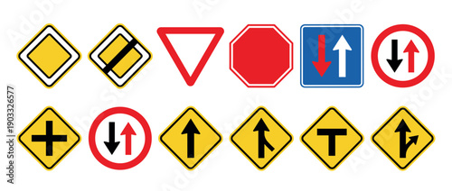 Collection of various road traffic signs for regulating priority, warning of intersections, and indicating direction of travel, presented as a clear vector graphic illustration set