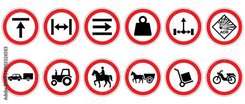 Collection of European prohibitory road signs showing various vehicle and dimension restrictions in a clean, flat vector illustration style for traffic regulation concepts