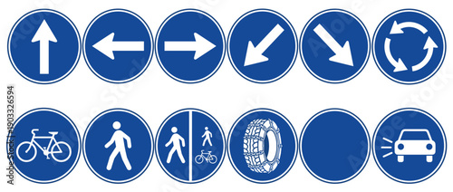 Collection of blue circular mandatory road signs showing directions, pedestrian paths, and vehicle regulations in a clear vector illustration set for traffic control and safety