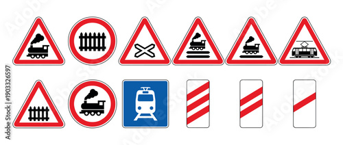 Collection of European railway crossing road signs featuring warning, prohibition, and informational symbols for trains and trams in a clean vector illustration style