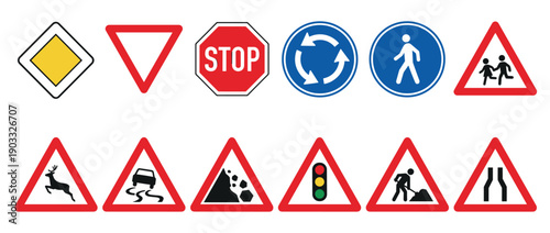 Collection of various international road signs including stop, yield, roundabout, pedestrian crossing, and multiple triangular warning signs for traffic regulation and driver safety