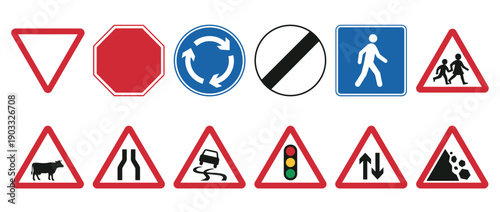 Set of twelve different road signs used for traffic regulation and safety, including warning icons for slippery roads, falling rocks, and animal crossings in a flat vector style