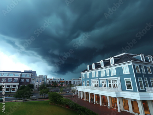Storm cloud over town photo in dark blue for severe weather