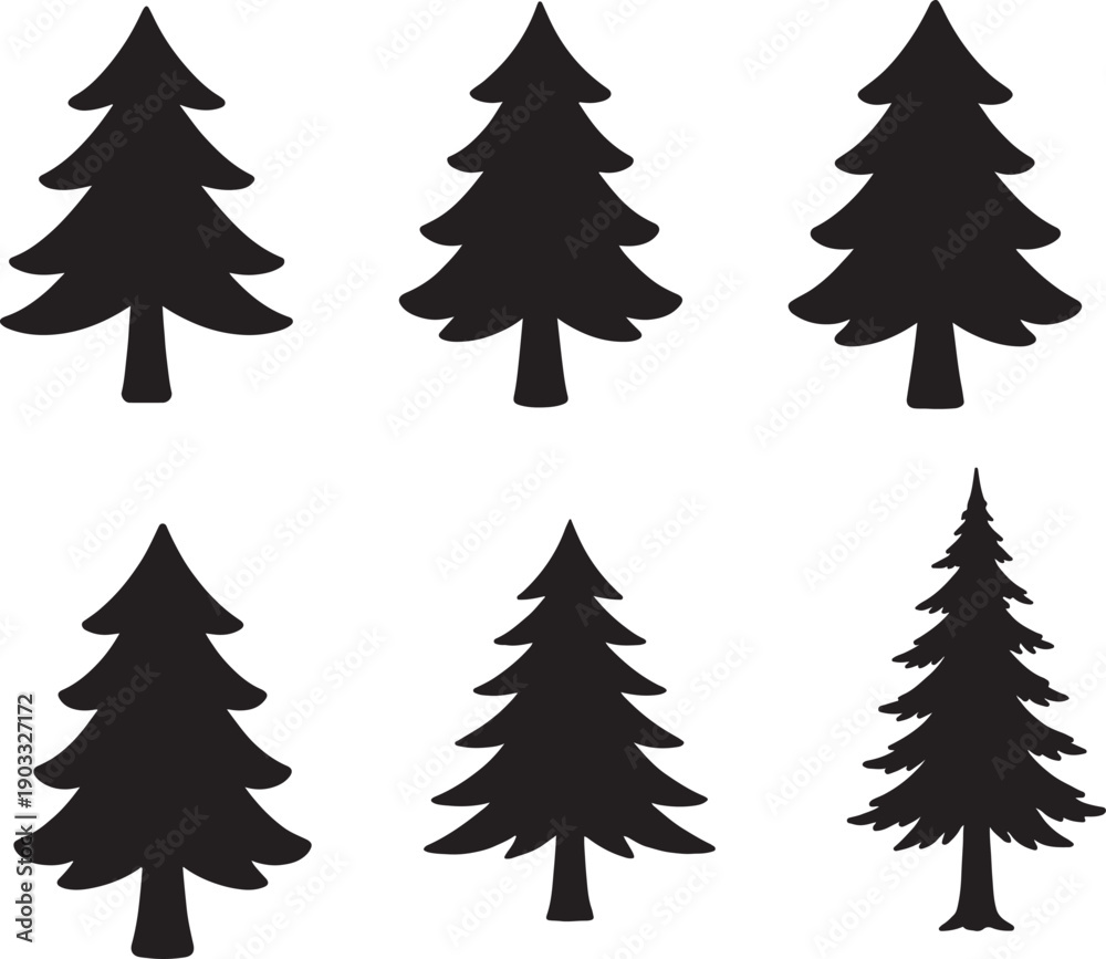 Fototapeta premium Set of six black evergreen tree silhouettes on white background