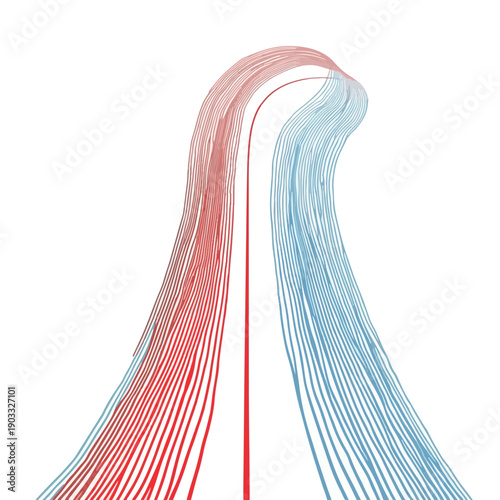 Dynamic red and blue curved lines diverging in abstract motion