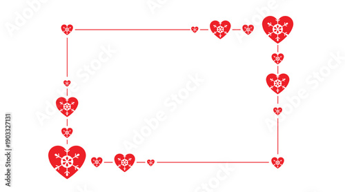 Minimal red heart frame border on white background with connected love icons and clean lines. Romantic Valentine’s Day design with copy space, perfect for greeting cards, invitations, banners, posters