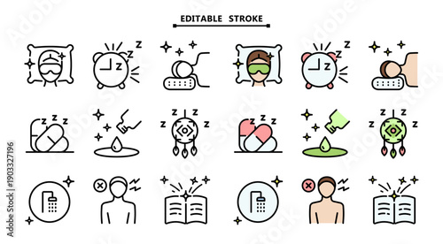 Sleep Wellness Vector Icons: Editable Colorful Symbols for Orthopedic Pillow, Meditation, Earplugs and Air Ventilation