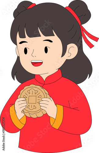 Illustration of A girl holding a moon cake (3) for Lunar New Year.