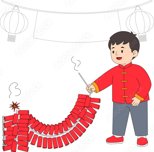 Illustration of A man lighting a firecracker for Lunar New Year.