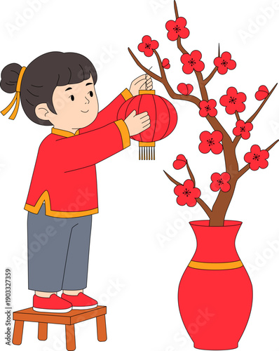 Illustration of girl placing a lunar newyear ornamnet for Lunar New Year.