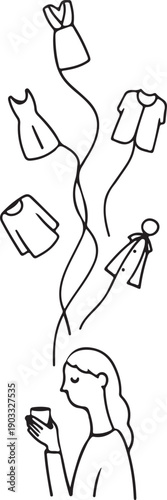 Woman contemplating her varied clothing choices hanging on a wavy line Vector