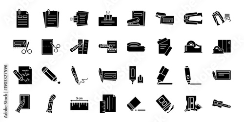Bold workspace essentials icons set. Solid office productivity tools