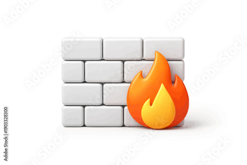 Firewall concept with brick wall and flame icon on white background