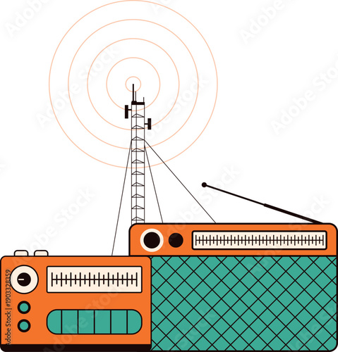 World Radio Day Concept Illustration with Earth Globe, Radio Device, and Broadcast Tower Representing Global Communication. Vector isolated