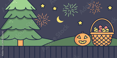 Festive halloween scene with a jack o lantern fireworks and a treat basket
