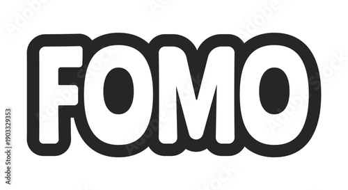 FOMO bold outline call to action sticker. Fear of missing out. Event hype. Sales urgency. Exclusive access. Get update. Black and white text. Bubble lettering. Playful design word. Ranchers font used