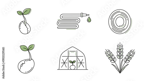 Agricultural icons featuring seedlings, irrigation, and harvest elements in a simple line art style.