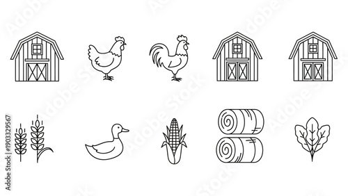 Farm scene with barns, chickens, and agricultural elements in a simple line art style
