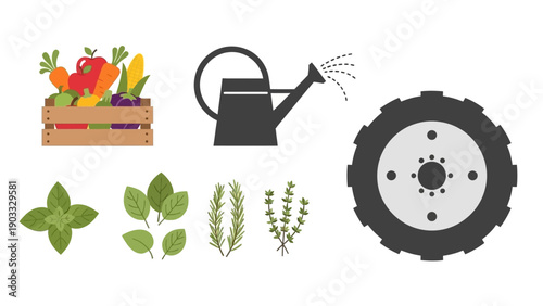Agricultural Scene with Harvested Produce, Watering Can, and Tractor Tire