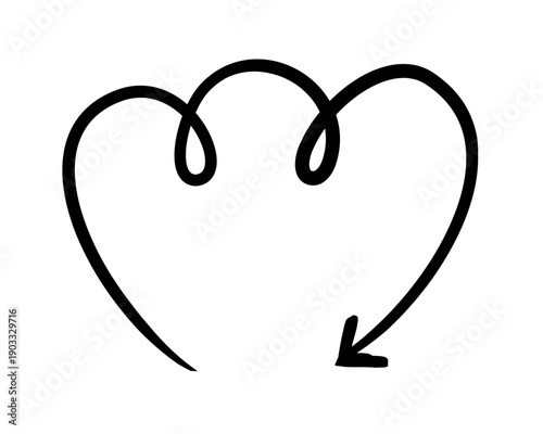 Three rounded loops arrow downward-pointing hand-drawn sketch graphic element. Smooth triple curves. Flow indicator. Doodle direction. Minimal black pointer. Ink freehand symbol. Scribble illustration