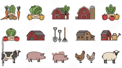 Farm scene with animals and vegetables in a rural landscape viewed from above