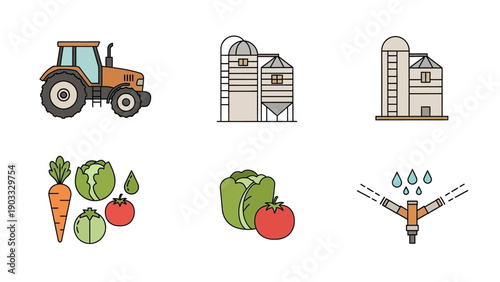 Farm scene with tractor, silos, and vegetables in a rural landscape viewed from the front