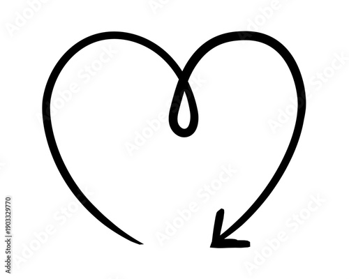 Heart shaped arrow with looped center hand-drawn sketch graphic element. Heartshaped downward pointing. Visual love. Doodle direction. Minimal black pointer. Ink freehand symbol. Scribble illustration