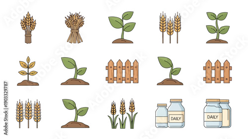 Agricultural icons set featuring plants, grains, and dairy products in a modern, minimalist style from a straightforward viewpoint.