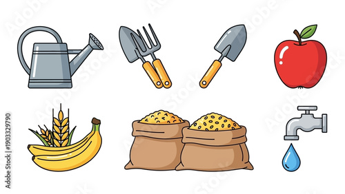 Gardening tools and harvest elements arranged in a flat lay illustration