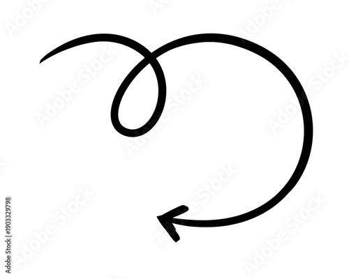 Big round arrow with loop hand-drawn sketch graphic element. Circular curve turning sharply left. Playful swirl. Doodle direction. Minimal black pointer. Ink freehand symbol. Scribble illustration