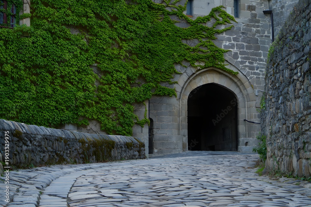 Fototapeta premium Ancient stone archway overgrown with lush green ivy leads to a mysterious passageway