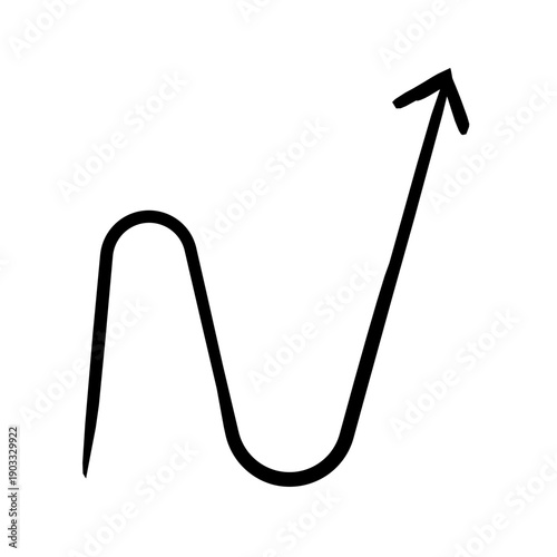 Curved arrow with flowing wave shape hand-drawn sketch graphic element. Sharp upward. Growth after fluctuation. Doodle direction. Minimal black pointer. Ink freehand symbol. Scribble illustration