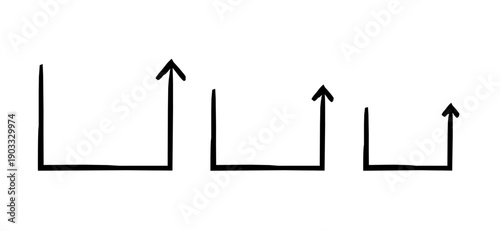 Half-square arrows upward-pointing hand-drawn sketch graphic element set. Geometric form. Right angle arrowhead. Doodle direction. Minimal black pointers. Ink freehand symbols. Scribble illustration