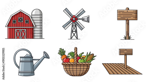 Illustration of a farm scene with barn, windmill, signpost, watering can, vegetables, and wooden platform from a straightforward viewpoint
