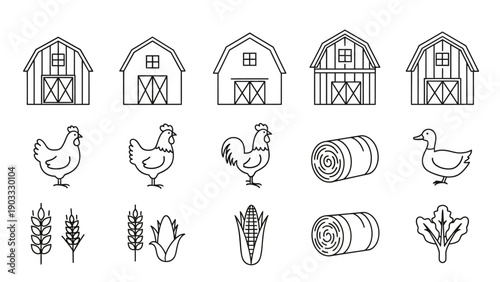 Collection of farm elements including barns, animals, and crops in a simple line art style