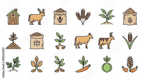 Agricultural icons collection featuring farm animals, crops, and rural structures in a simple illustration style