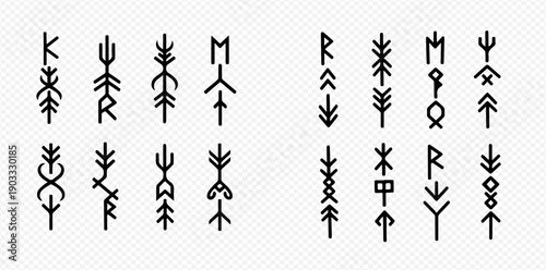 A collection of ancient Viking runic symbols and magical staves, representing various meanings and powers, isolated on a transparent background.