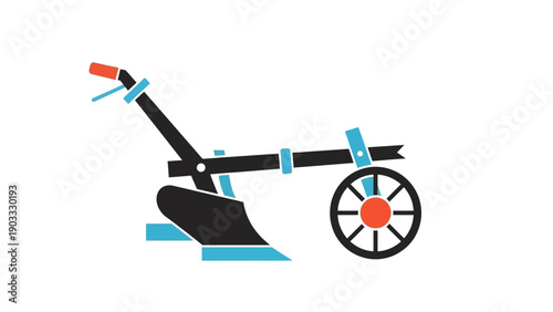 Agricultural machinery illustration featuring a plow with a wheel and handle, depicted in a graphic style on a clean background from a side viewpoint.