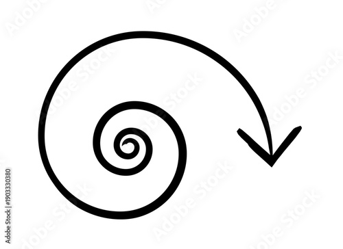 Loose spiral arrow hand-drawn sketch graphic element. Wide open curves moving inward with arrowhead pointing down. Doodle direction. Minimal black pointer. Ink freehand symbol. Scribble illustration