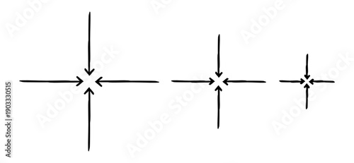 Straight arrows point to common center hand-drawn sketch graphic element set. Inward target. Alignment icon. Doodle direction. Minimal black pointers. Ink freehand symbols. Scribble illustration